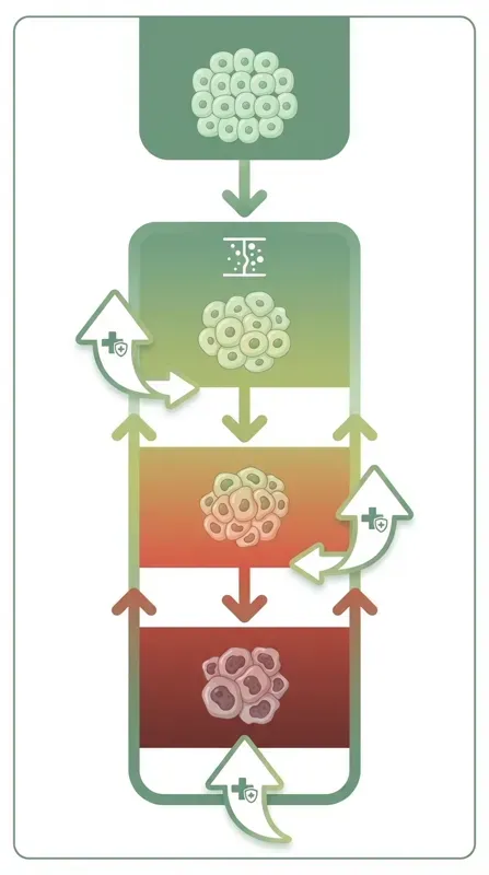 Tijdlijn van de progressie van CIN 1 naar CIN 2, CIN 3 en uiteindelijk baarmoederhalskanker, met ingrijp-momenten