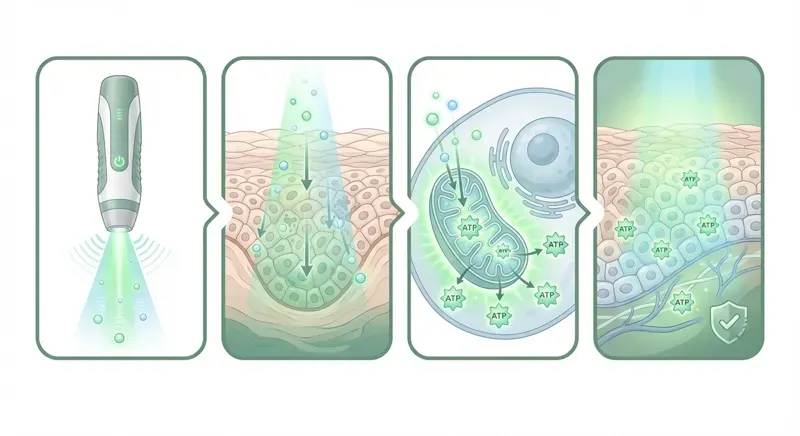 LLLT lasertherapie mechanisme: fotonen stimuleren mitochondriën, ATP-productie en celreparatie